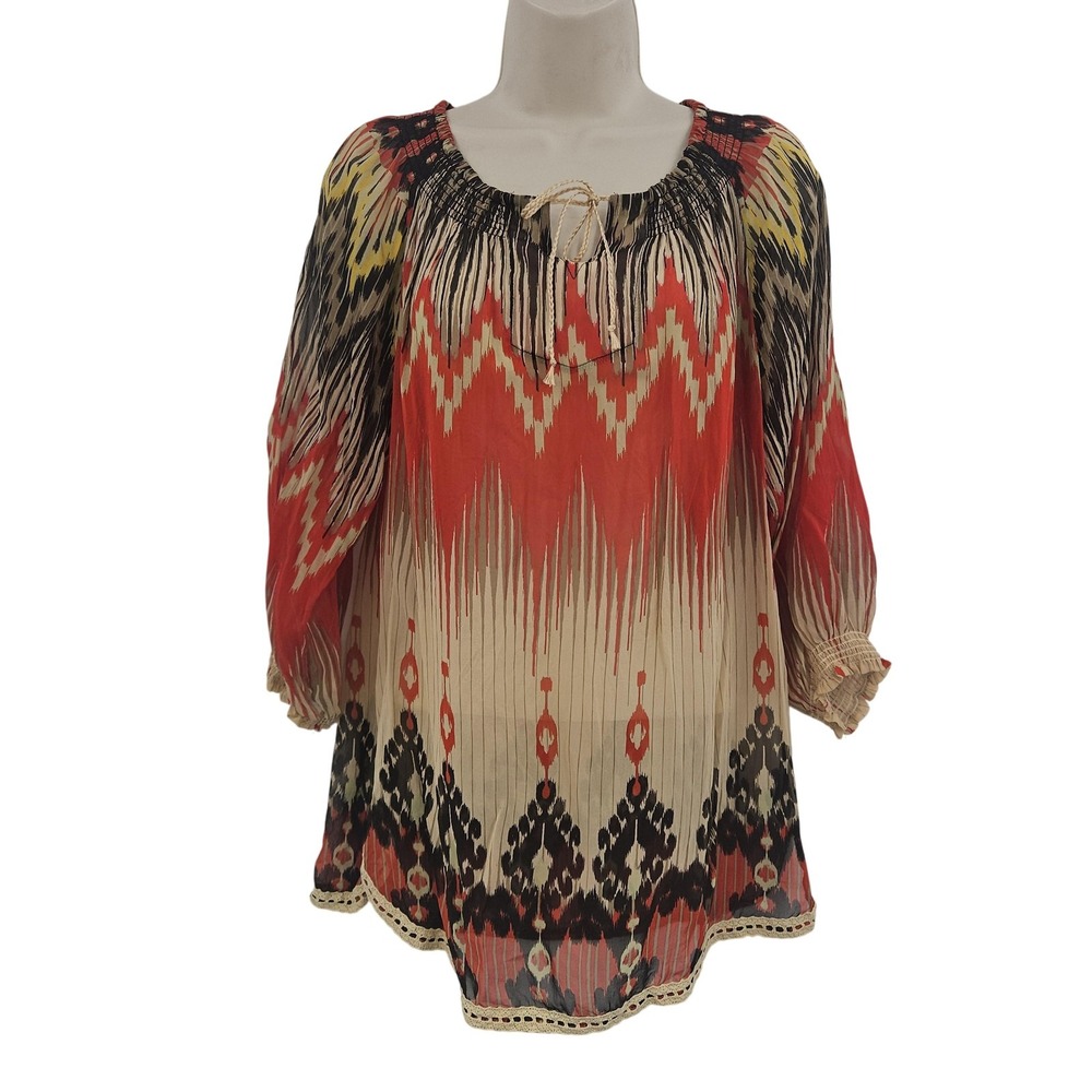 Sundance Blouse Womens Medium Red Beige Black Ikat Boho Peasant Top 100%‎ Silk